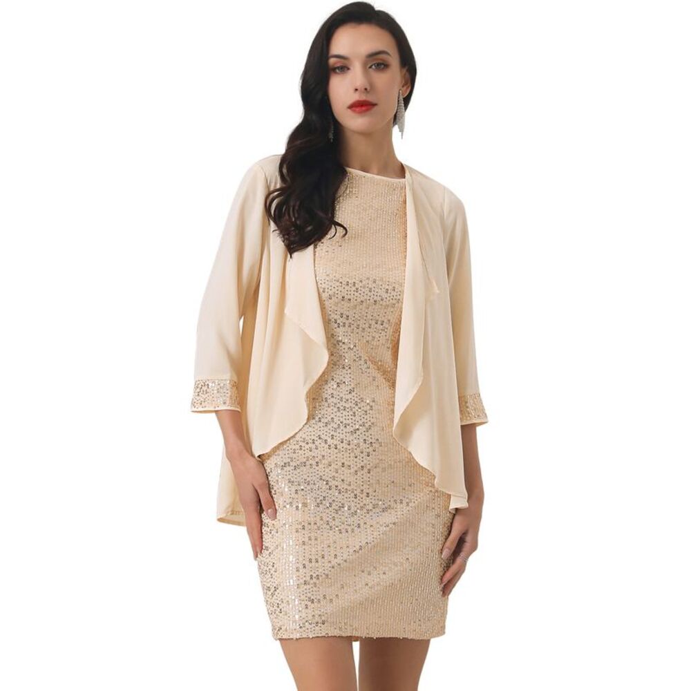Dress Sets Wedding Guest 2 Piece Outfits Sequin Dresses and Cardigans Champagne
